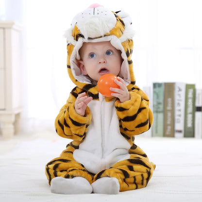 Animal Kigurumi Costume for Babies and Toddlers, Hooded Flannel Jumpsuit with Long Sleeves for Halloween Dress-Up and Family Photos