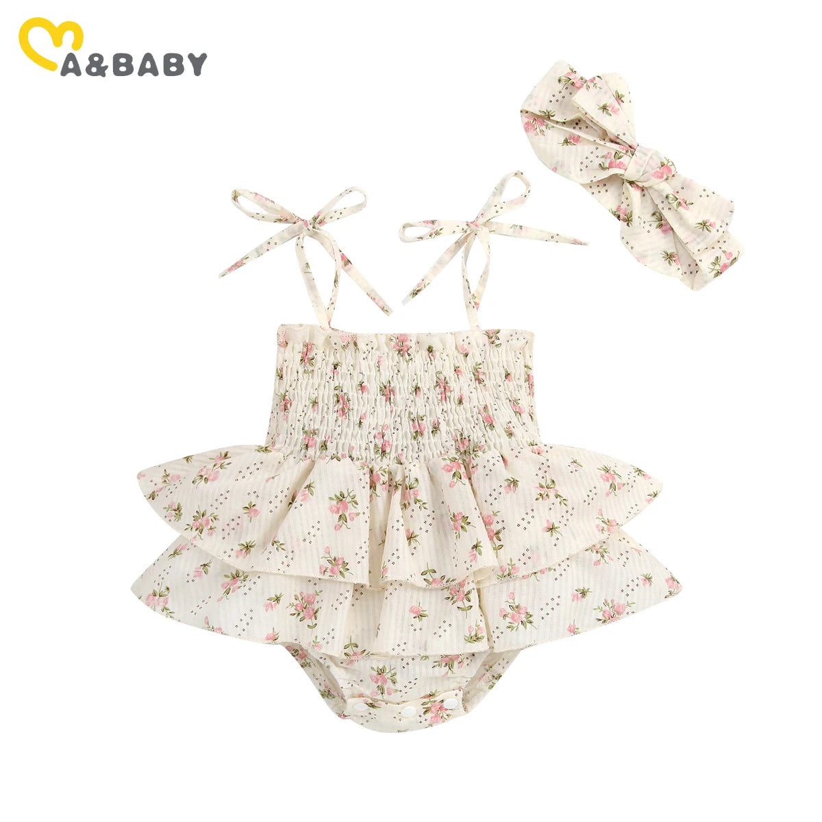 Smocked Floral Baby Girl Sunsuit with Headband, Cotton Blend Ruffle Romper with Tie Shoulder Straps for Summer Photos, 0-24 Months