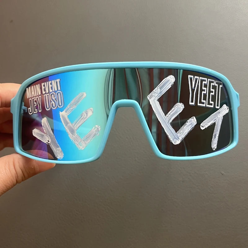 YEET Graphic Sunglasses with Jey Uso Main Event Lettering, Colorful Shield-Style Fan Shades in Children's and Adult Options for Party Outfits