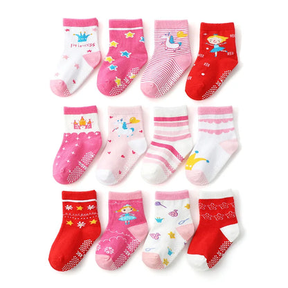 Cotton-Rich Baby Non-Slip Socks 12-Pair Pack, Crew Grip Socks with Ribbed Cuffs and Stretch Fit for Infant and Toddler Boys and Girls