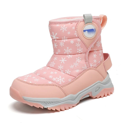 Snowflake Print Kids Winter Boots with Padded Shafts, Pull Tabs and Chunky Tread Soles, Pink Snow-Style Footwear for Boys and Girls