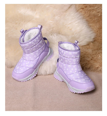 Snowflake Print Kids Winter Boots with Padded Shafts, Pull Tabs and Chunky Tread Soles, Pink Snow-Style Footwear for Boys and Girls