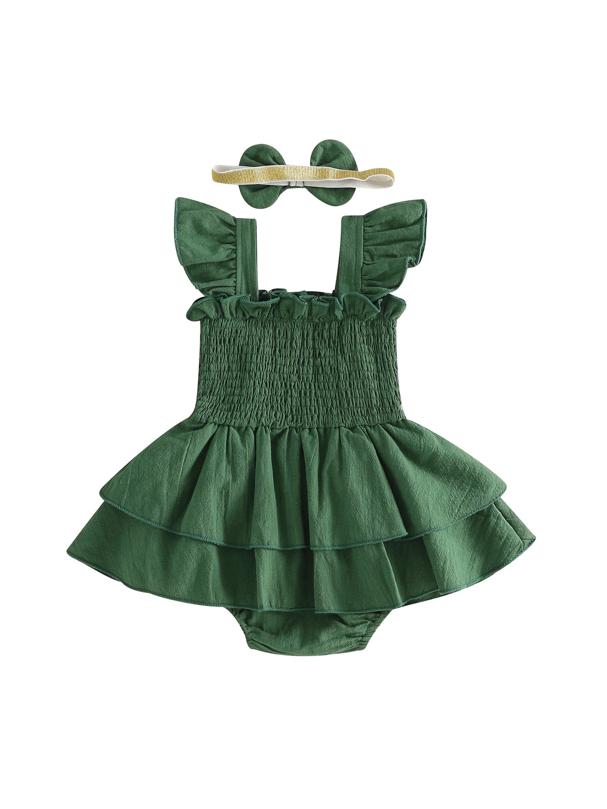 Tiered Baby Girl Romper Dress with Bow Headband, Smocked Cotton Blend Bodice and Flutter Straps, Solid Color Summer Outfit for 0-18 Months