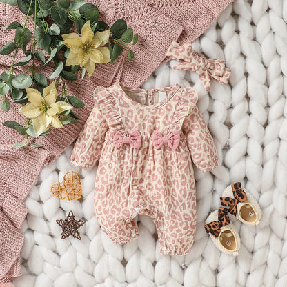 Baby Girl Heart Print Romper with Shoulder Ruffles and Bow Details, Long Sleeve Cotton Jumpsuit with Inner-Leg Snaps, Sizes 0-6 Months