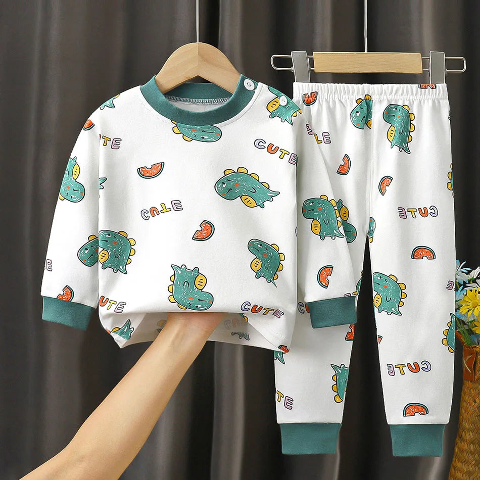 Dinosaur Print Kids Cotton Two-Piece Set with Long Sleeve Top and Matching Cuffed Pants, Unisex Baby and Toddler Outfit in Sizes 73-130