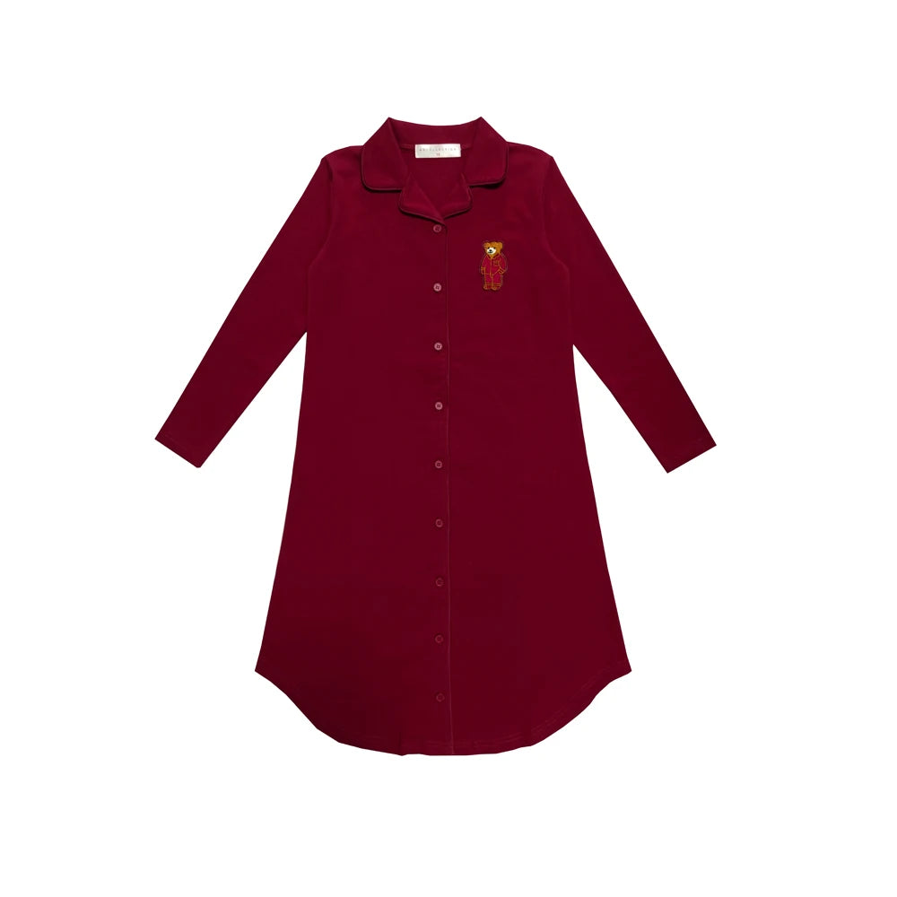 Kids Button Front Loungewear with Teddy Bear Motif, Long Sleeve Shirt and Pants Sets, Dress and Baby Romper Options in Blue, Pink and Red