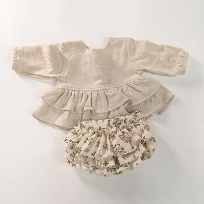 Baby Girl Bloomer Outfit Set with Vintage Lace Embroidery, Long Sleeve Cotton Top and Matching Shorts for Infants and Toddlers