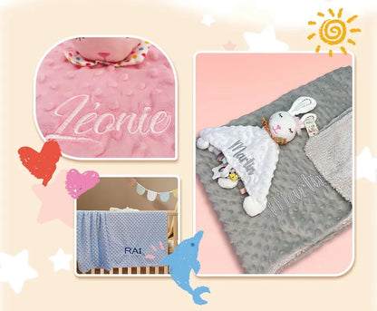 Embroidered Name Baby Blanket and Animal Comforter Options, Personalized Minky Bubble-Texture Keepsake with Single-Item and Two-Piece Gift Choices