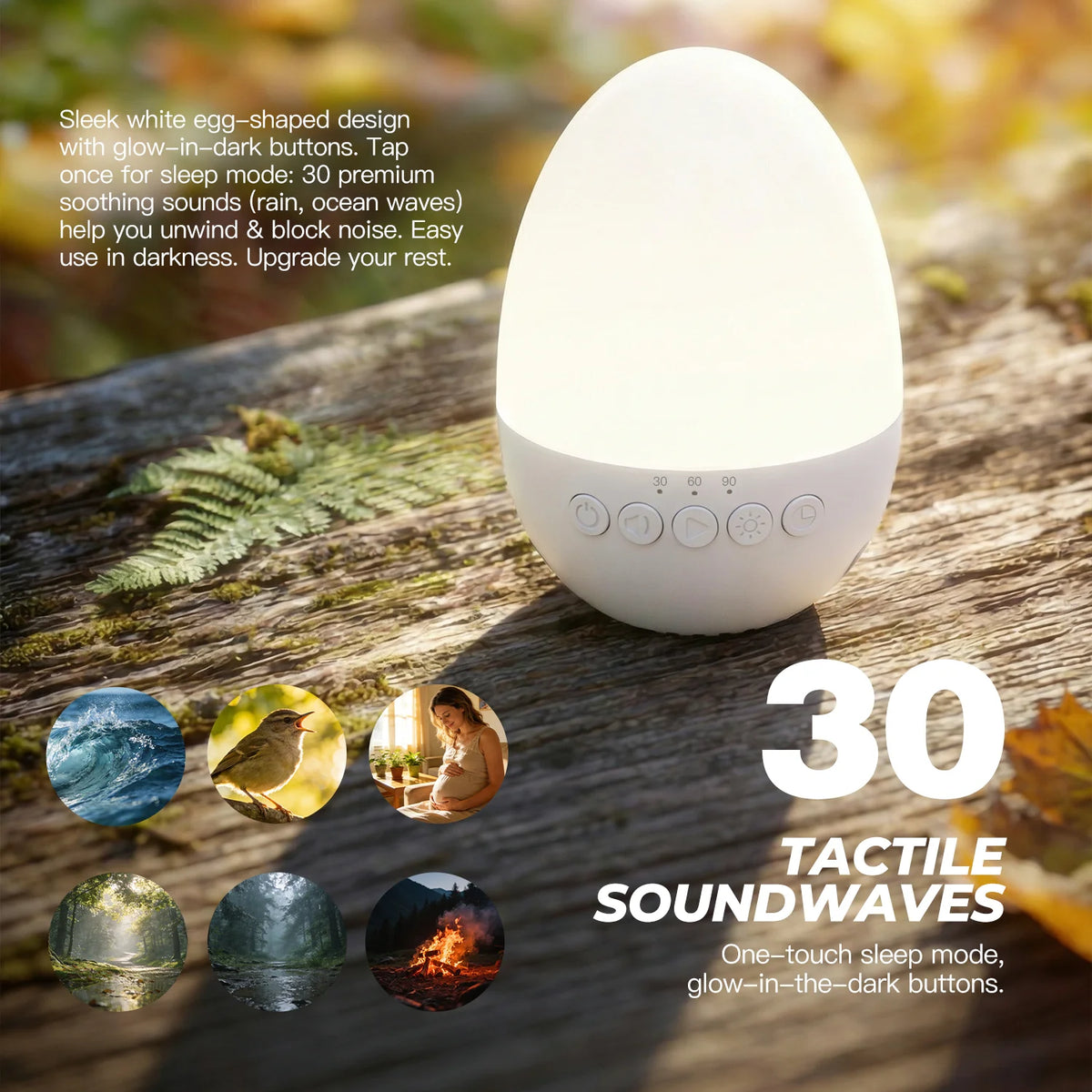 Egg-Shaped White Noise Machine with 30 Sounds, Dimmable Warm Night Light, 30/60/90-Minute Timer and USB-C Rechargeable 700mAh Battery
