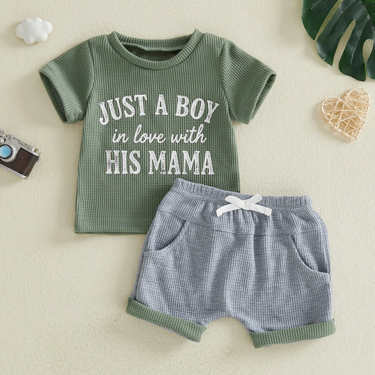 Baby Boys Mama Graphic Shorts Set, Green Short Sleeve T-Shirt and Gray Contrast Trim Shorts, Two-Piece Summer Outfit for Infants and Toddlers