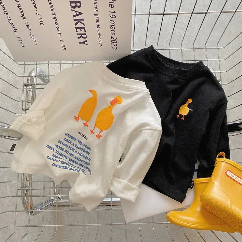 Duck Print Kids Long Sleeve T-Shirt with Crewneck and Letter Graphic, Loose Cotton Casual Top in White or Black for Spring Outfits, Sizes 90-140