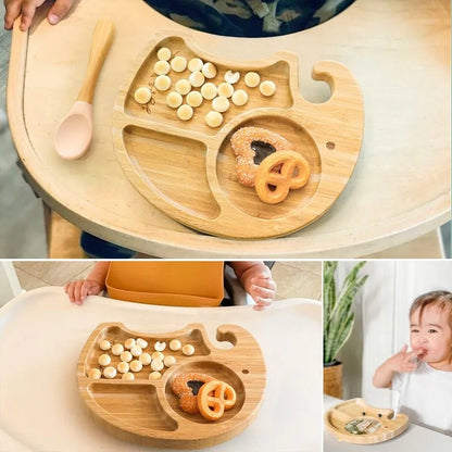 Bamboo Baby Tableware Set with Animal Plate Designs, Bowl, Cup and Wooden-Handle Utensil Options for Supervised Infant and Toddler Mealtimes