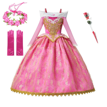 Pink Princess Costume Dress for Girls with Gold-Tone Detailing and Long Sleeves, Aurora-Inspired Party Dress-Up with Selectable Bundle Options
