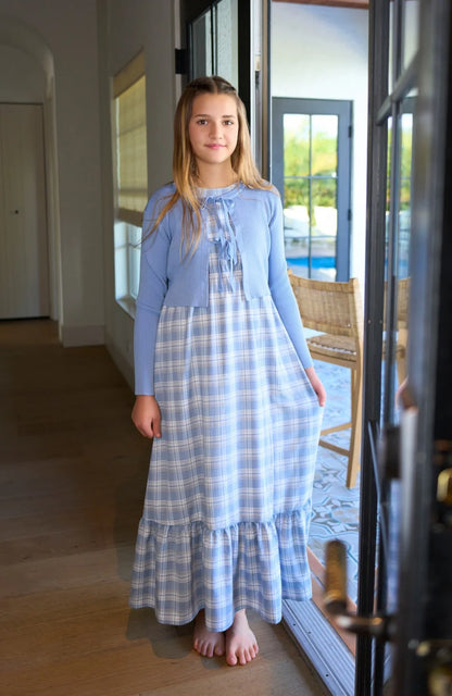 Blue Plaid Girls Maxi Dress and Tie-Front Knit Cardigan Options, Sleeveless Ruffle-Hem Dress or Cropped Long-Sleeve Layer for Teens