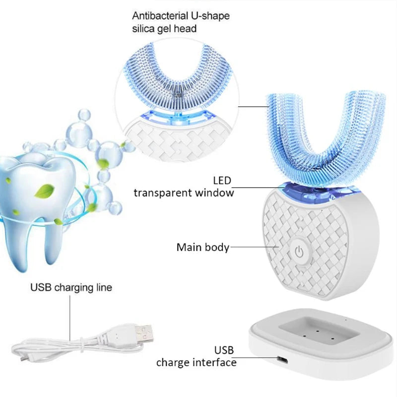 Automatic U-Shaped Electric Toothbrush with Sonic Vibration, USB Rechargeable Design and Blue Light in White, Black, Blue or Pink