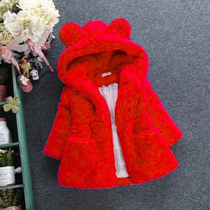 Girls Faux Fur Winter Coat with Bear Ear Hood and Zip Front, Plush-Look Toddler Jacket in Red, Beige, Black or Pink, Sizes 2T–7T