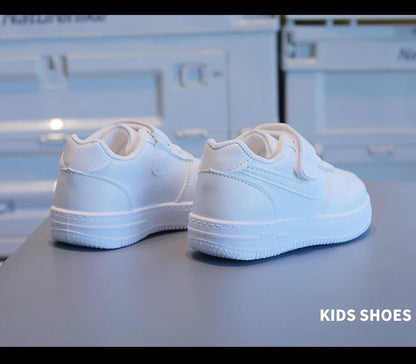 Kids White Low-Top Sneakers with Adjustable Strap, Perforated Toe and Silver Heel Detail for Boys and Girls Spring and Fall Casual Outfits