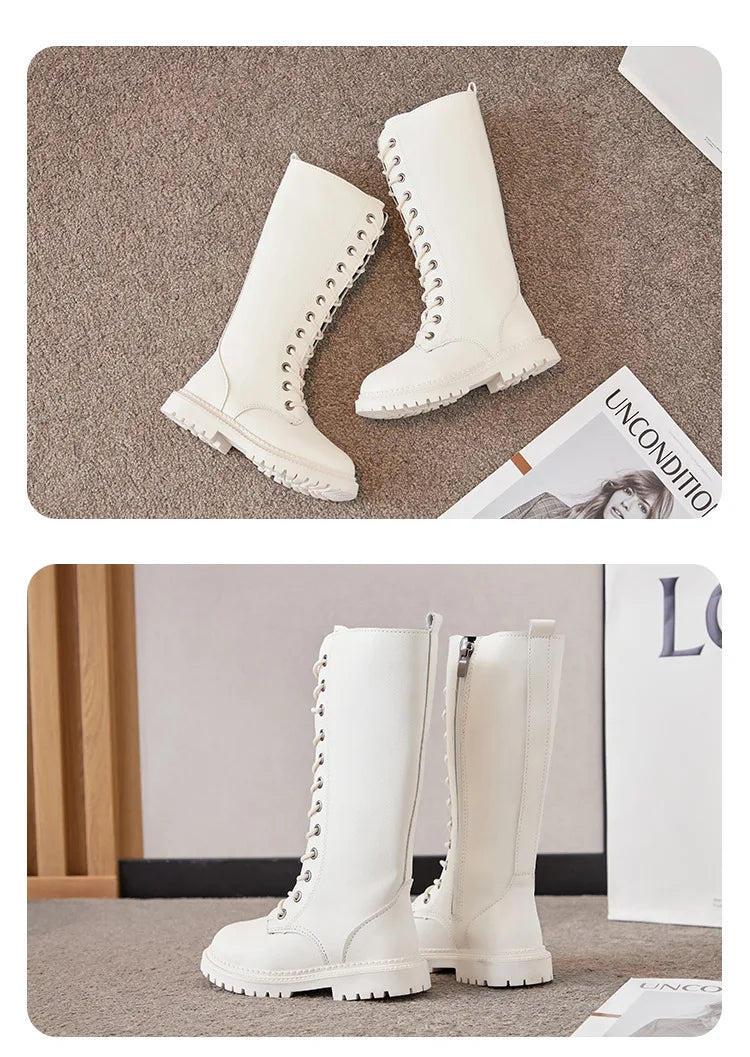 Lace-Up Knee-High Boots for Girls with Side Zippers and Chunky Soles, Black or Beige Motorcycle-Inspired Tall Fashion Shoes, Sizes 27–37