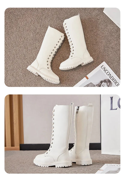 Lace-Up Knee-High Boots for Girls with Side Zippers and Chunky Soles, Black or Beige Motorcycle-Inspired Tall Fashion Shoes, Sizes 27–37