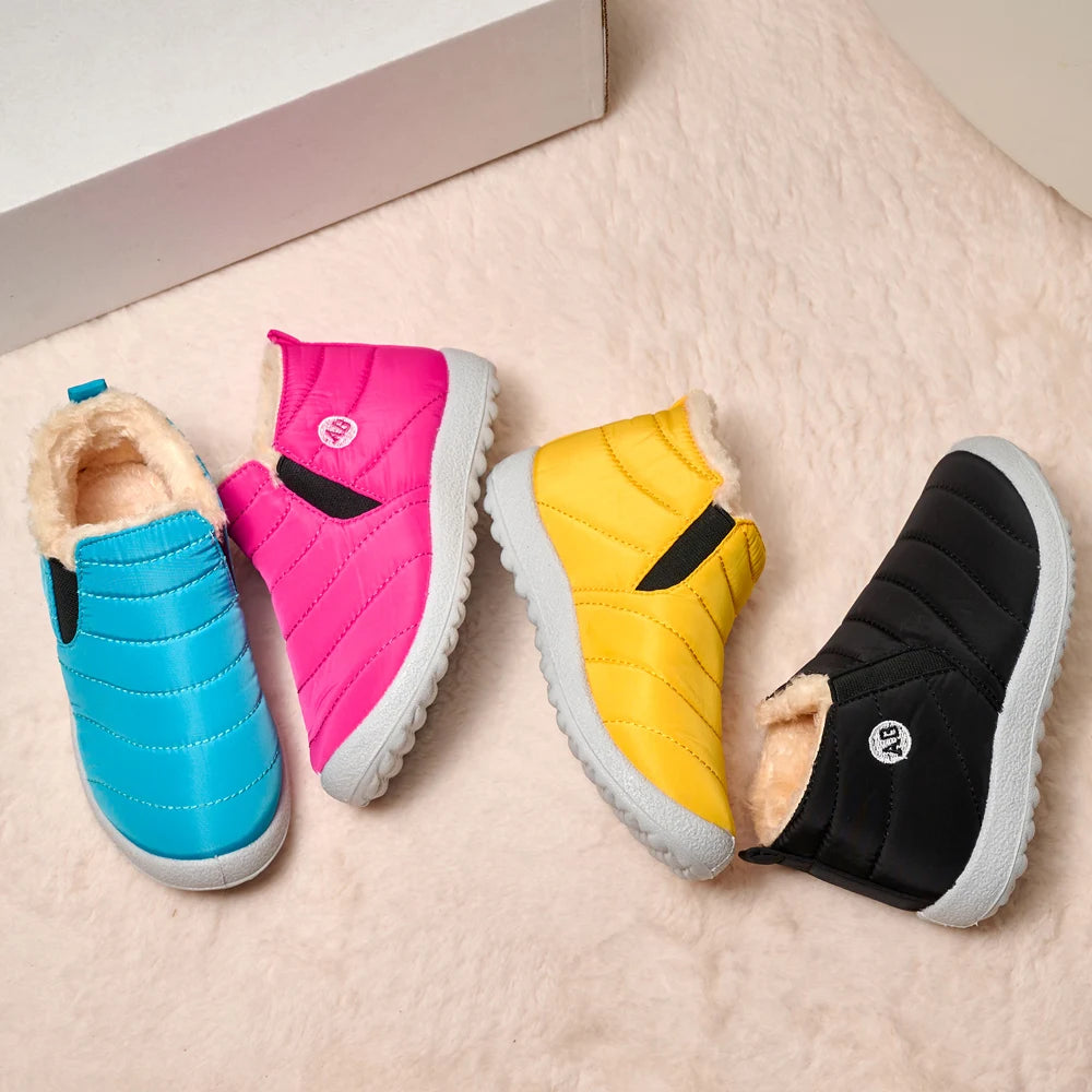 Kids Quilted Ankle Winter Boots with Plush Lining and Side Zippers, Blue Padded Cold-Weather Shoes with Rounded Toes, Sizes 26–35