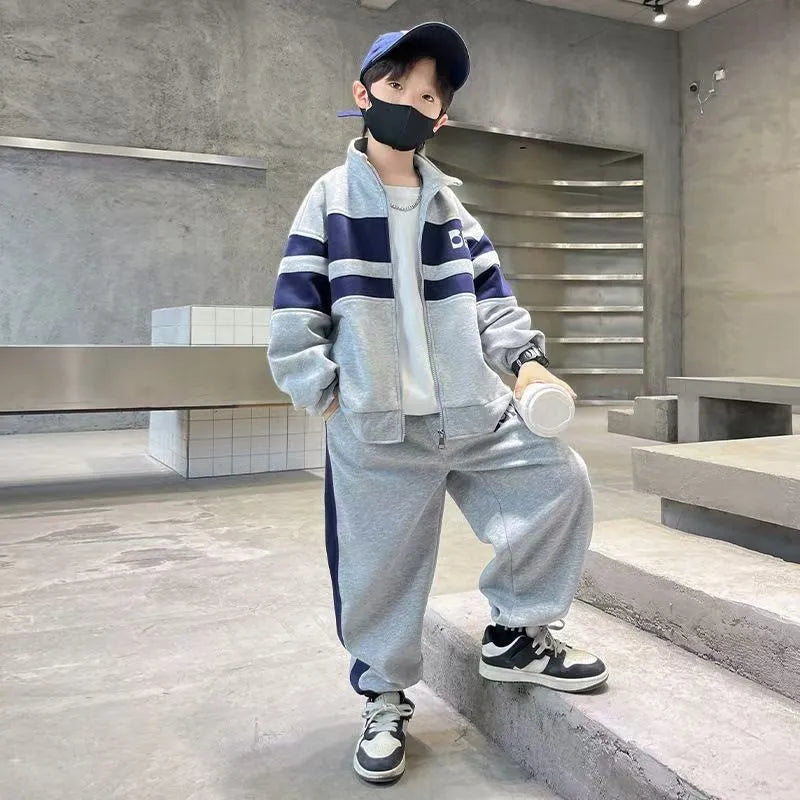 Colorblock Boys Tracksuit with Stand-Collar Zip-Up Jacket and Matching Jogger Pants, Gray or Navy Two-Piece Casual Outfit for Ages 4-12