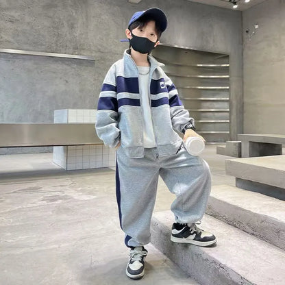 Colorblock Boys Tracksuit with Stand-Collar Zip-Up Jacket and Matching Jogger Pants, Gray or Navy Two-Piece Casual Outfit for Ages 4-12