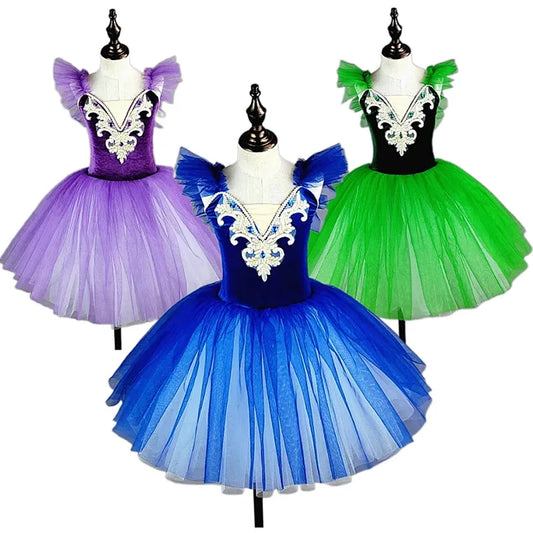 Girls Ballet Tutu Costume with Ruffled Shoulders, Ornate White Bodice Decoration and Layered Mesh Skirt for Dance Recitals and Stage Performances
