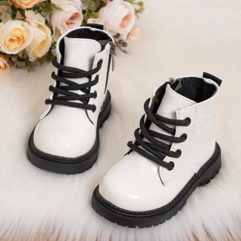 Kids PU Leather Combat Ankle Boots with Lace-Up Front, Side Zipper and Black Chunky Soles, Boys and Girls Fall Winter Shoes in Sizes 21-30