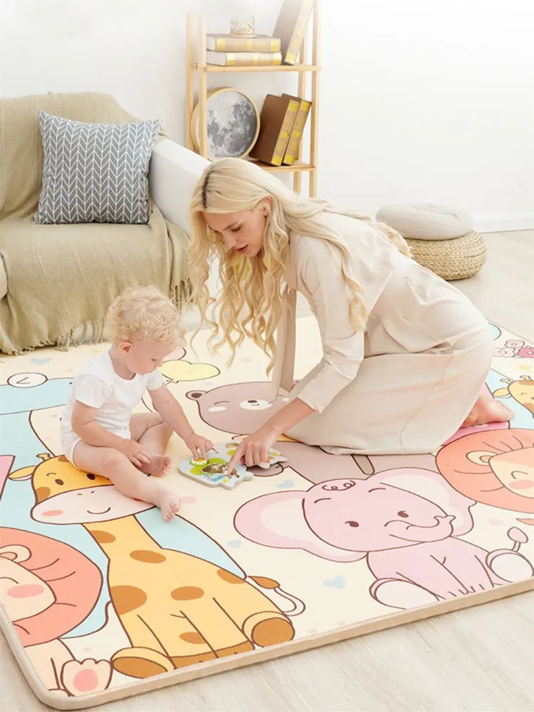 Double-Sided Baby Floor Mat with Animal and Scene Prints, Foldable Foam Crawling Rug in Five Size and Thickness Options for Supervised Play