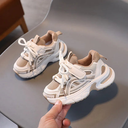 Children Mesh Sports Sneakers with Layered Panels, Lace and Strap Styling for Boys and Girls, Casual Spring and Fall Shoes in Red, Khaki or Black