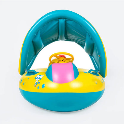 Yellow Baby Pool Float Seat with Sunshade and Steering Wheel, Inflatable Seated Swim Ring for Closely Supervised Summer Pool Play