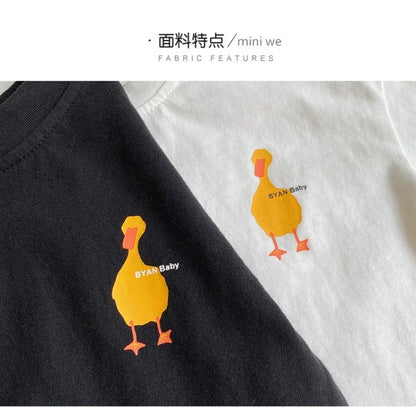 Duck Print Kids Long Sleeve T-Shirt with Crewneck and Letter Graphic, Loose Cotton Casual Top in White or Black for Spring Outfits, Sizes 90-140