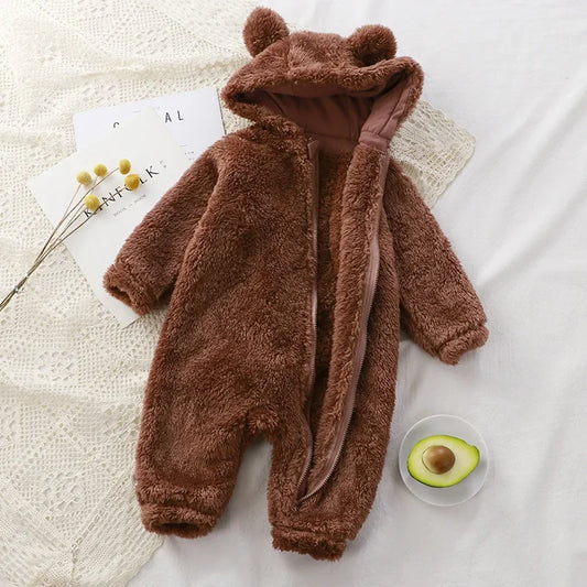 Bear Ear Hooded Baby Jumpsuit with Front Zipper, Plush Flannel Romper for Boys and Girls in Beige, Brown or Pink, Sizes 6M-5T