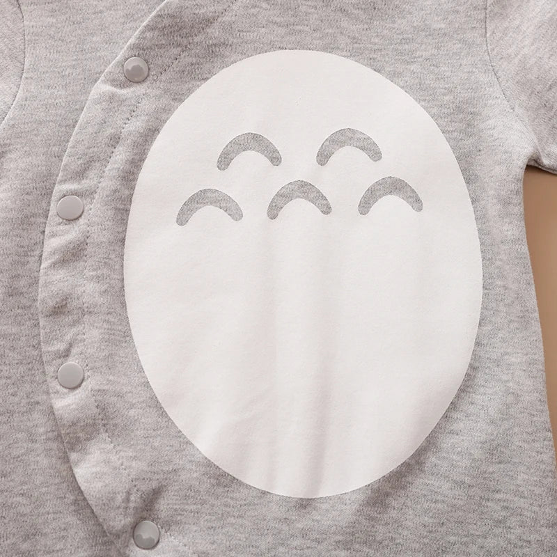 Gray Baby Romper and Hat Set with Cotton Long Sleeve Jumpsuit, Curved Snap Front and White Belly Graphic for Spring and Fall, 0-12M