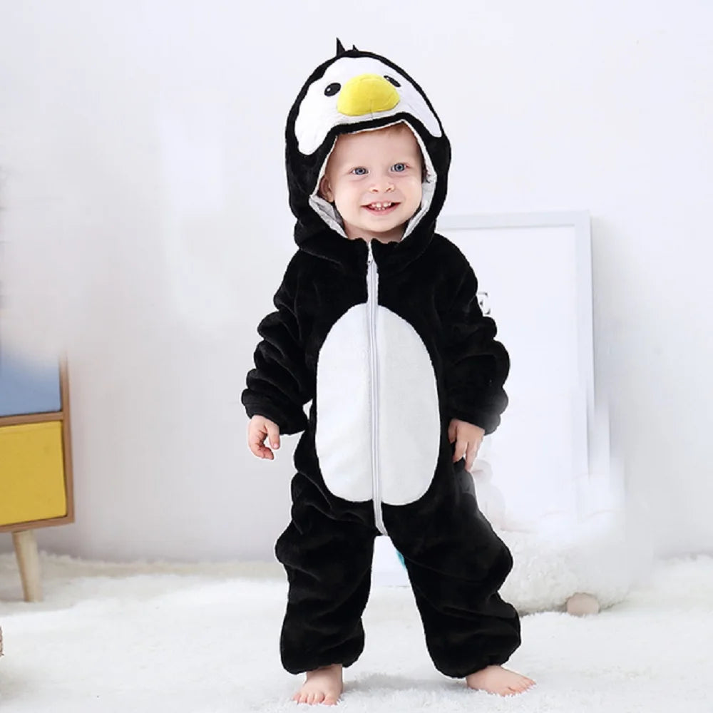 Baby Animal Hooded Costume Jumpsuit with Flannel Styling, Duck, Rabbit, Leopard and More Dress-Up Options for Boys and Girls, Sizes 70-120