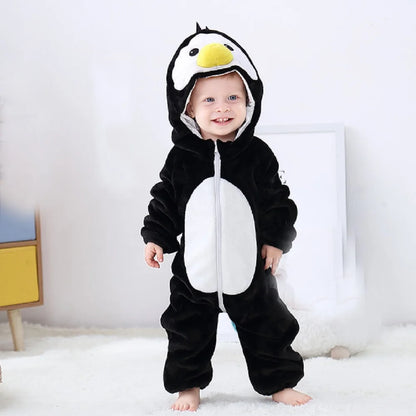 Baby Animal Hooded Costume Jumpsuit with Flannel Styling, Duck, Rabbit, Leopard and More Dress-Up Options for Boys and Girls, Sizes 70-120