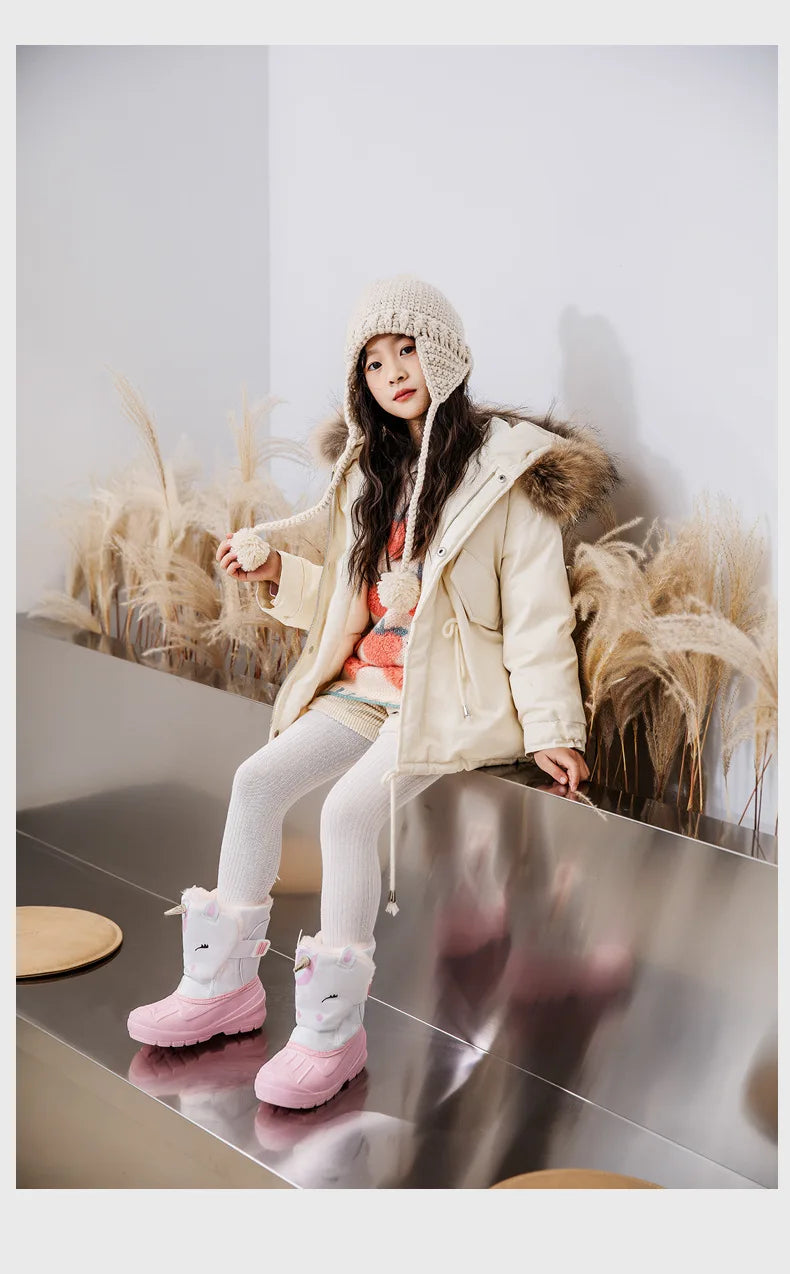 Kids Unicorn Winter Boots with Plush Trim, Gold-Tone Horn and Ear Details, Pink and White Fantasy-Themed Cold-Weather Footwear for Girls