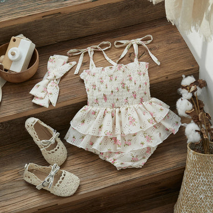 Smocked Floral Baby Girl Sunsuit with Headband, Cotton Blend Ruffle Romper with Tie Shoulder Straps for Summer Photos, 0-24 Months