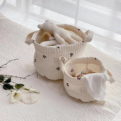 Diaper Storage Basket with Cute Bear Embroidery and Carry Handles, Quilted Nursery Organizer for Newborn Diapers, Toys and Baby Essentials