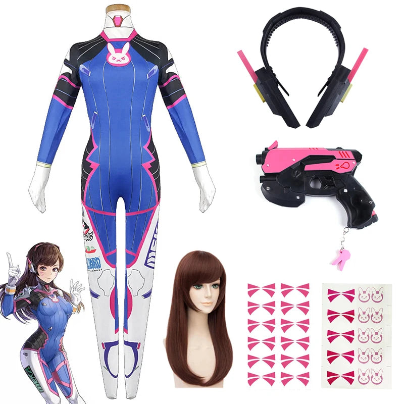 D.va Cosplay Costume and Accessory Options for Women, Blue Character Jumpsuit, Wig, Headset and Prop Selections for Halloween and Conventions