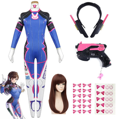 D.va Cosplay Costume and Accessory Options for Women, Blue Character Jumpsuit, Wig, Headset and Prop Selections for Halloween and Conventions