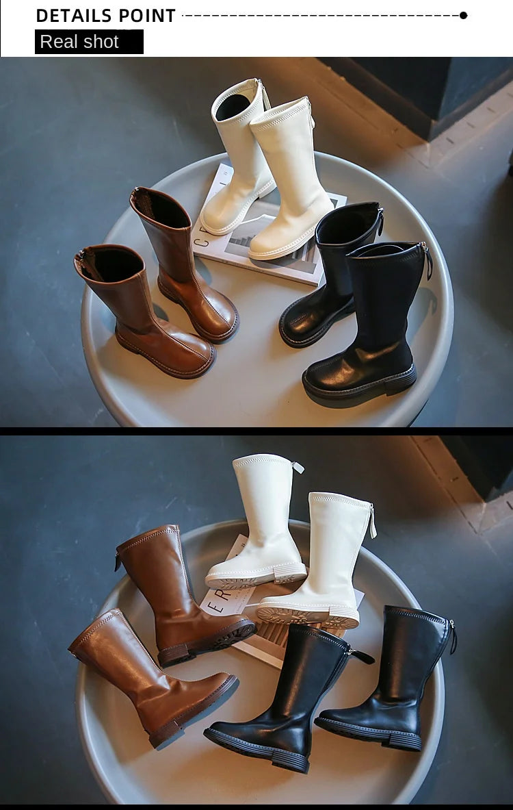 Back-Zip Girls Tall Boots in PU with Round Toes and Minimalist Styling, Khaki, Beige or Black Fashion Shoes for Spring and Autumn, Sizes 26-36