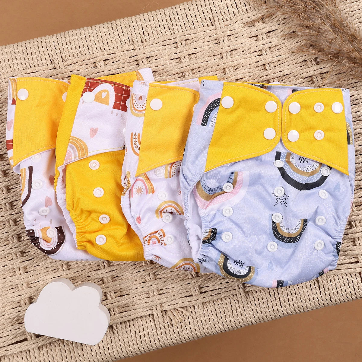 Pocket Cloth Diapers 4-Pack by Happyflute, Reusable Baby Nappies with Printed PUL Outer, Suede Cloth Lining and Snap Closures for 3–15 kg
