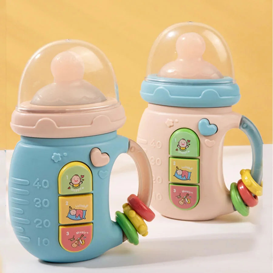Bottle-Shaped Musical Baby Rattle with Light-Up Top, Three Picture Buttons and Colorful Handle Rings for Supervised Sensory Play and Gifts