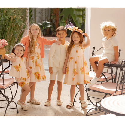Floral and Ivory Kids Occasion Outfits, Cotton Girls Dress and Set Options with Lyocell Knitwear and Boys Blazer Styles for Sibling Photos