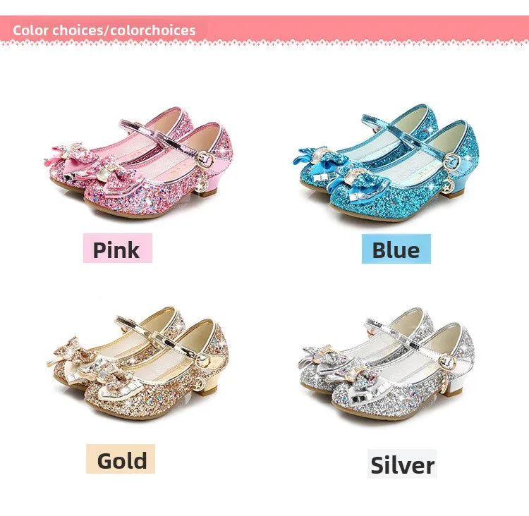 Bow-Accent Glitter Mary Jane Shoes for Girls with Buckled Strap and Block Heel, Sparkling Princess Dress Shoes for Parties and Weddings