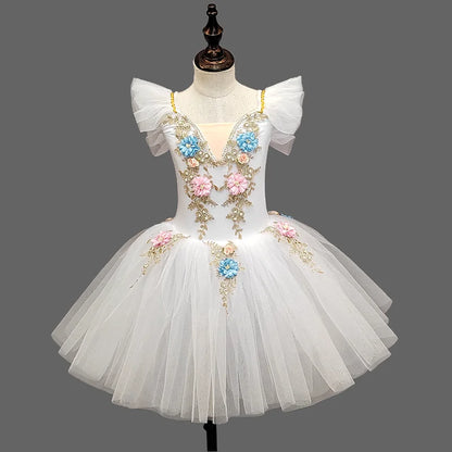Floral Girls Ballet Tutu Dress with Ruffled Shoulders and Layered Skirt for Dance Recitals, Stage Performances and Group Costumes, Sizes 110-160