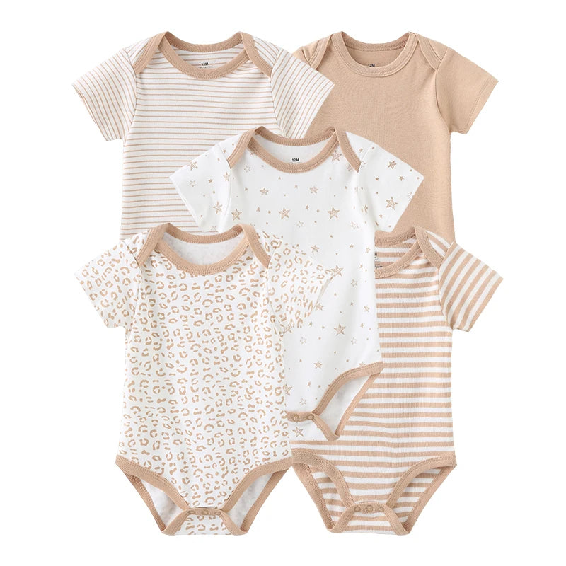 Infant Cotton Bodysuits 5-Pack with Short Sleeves and Envelope Shoulders, Solid Colors and Playful Prints for Baby Boys and Girls, Sizes 3M-12M