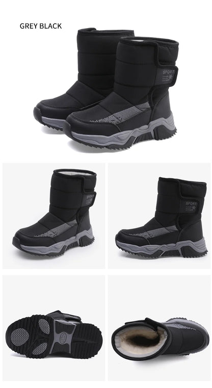 High-Top Kids Snow Boots with Hook-and-Loop Side Straps, Padded Shafts and Chunky Tread Soles for Winter Outings, Chinese Sizes 31-42
