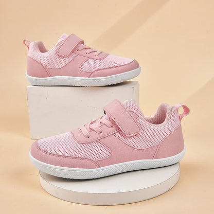 Kids Breathable Mesh Walking Shoes with Wide Toe Design, Hook-and-Loop Strap and Textured EVA Soles in Blue, Black, Pink or Grey